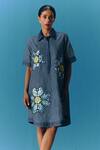 Buy_Pooja Rajgarhia Gupta_Blue Denim Hand Embroidery Floral Collared Neck Shirt Dress _at_Aza_Fashions