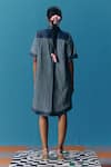 Shop_Pooja Rajgarhia Gupta_Blue Denim Hand Embroidery Floral Collared Neck Shirt Dress _at_Aza_Fashions