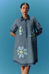 Pooja Rajgarhia Gupta_Blue Denim Hand Embroidery Floral Collared Neck Shirt Dress _Online_at_Aza_Fashions