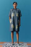 Buy_Pooja Rajgarhia Gupta_Blue Denim Hand Embroidery Floral Stand Collar Starlet Jacket Dress _at_Aza_Fashions