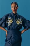 Buy_Pooja Rajgarhia Gupta_Blue Denim Hand Embroidery Floral Collared Neck Shirt _at_Aza_Fashions