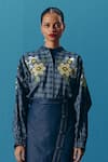 Buy_Pooja Rajgarhia Gupta_Blue Denim Hand Embroidery Floral Chinese Collar Astral Kimono Shirt _at_Aza_Fashions