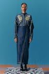 Buy_Pooja Rajgarhia Gupta_Blue Denim Hand Embroidery Floral Chinese Collar Astral Kimono Shirt _Online_at_Aza_Fashions