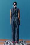 Shop_Pooja Rajgarhia Gupta_Blue Denim Chequered Sequins Collared Neck Hand Embroidered Bodice Jumpsuit _at_Aza_Fashions