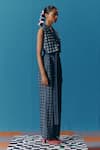 Pooja Rajgarhia Gupta_Blue Denim Chequered Sequins Collared Neck Hand Embroidered Bodice Jumpsuit _Online_at_Aza_Fashions