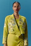 Buy_Pooja Rajgarhia Gupta_Green Silk Satin Chequered Floral Sequins Lapel Collar Nebula Embroidered Jacket _at_Aza_Fashions