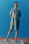 Buy_Pooja Rajgarhia Gupta_Blue Silk Satin Embroidered Sequin Collared Sky Shirt Dress _at_Aza_Fashions