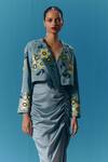 Shop_Pooja Rajgarhia Gupta_Blue Silk Satin Embroidered Sequin Lapel Nebula Sky Floral Cropped Jacket _at_Aza_Fashions