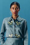 Pooja Rajgarhia Gupta_Blue Silk Satin Embroidered Sequin Collared Checkered Pattern Shirt _Online_at_Aza_Fashions