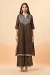 Divya Kanakia_Brown Pure Linen Tissue Woven Stripe Mandarin Collar Kurta And Flared Pant Set _Online_at_Aza_Fashions