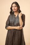 Buy_Divya Kanakia_Brown Pure Linen Tissue Woven Stripe Mandarin Collar Kurta And Flared Pant Set _Online_at_Aza_Fashions