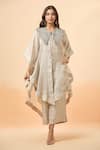 Buy_Divya Kanakia_Silver Pure Linen Tissue Embroidery Zardozi V Neck Asymmetric Kaftan And Pant Set _at_Aza_Fashions