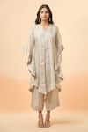 Buy_Divya Kanakia_Silver Pure Linen Tissue Embroidery Zardozi V Neck Asymmetric Kaftan And Pant Set _Online_at_Aza_Fashions