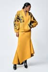 Buy_Shahin Mannan_Yellow Jersey Embroidered Love Checks Kimono Jacket With Asymmetric Skirt _at_Aza_Fashions