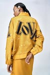 Shop_Shahin Mannan_Yellow Jersey Embroidered Love V-neck Checks Kimono Jacket _at_Aza_Fashions