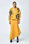 Shahin Mannan_Yellow Jersey Embroidered Love V-neck Checks Kimono Jacket _Online_at_Aza_Fashions