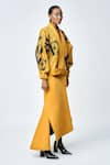 Shop_Shahin Mannan_Yellow Jersey Embroidered Love V-neck Checks Kimono Jacket _Online_at_Aza_Fashions