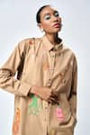 Shahin Mannan_Brown Poplin Embroidered Monkey Collared Funky Baggy Shirt With Pant _at_Aza_Fashions