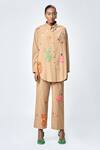 Buy_Shahin Mannan_Brown Poplin Embroidered Monkey Funky Straight Pant _at_Aza_Fashions