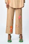 Shahin Mannan_Brown Poplin Embroidered Monkey Funky Straight Pant _Online_at_Aza_Fashions