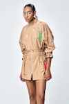 Shop_Shahin Mannan_Brown Poplin Embroidered Monkey High Funky Jacket Dress _Online_at_Aza_Fashions