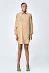 Buy_Shahin Mannan_Brown Poplin Embroidered Monkey Collared Funky Shirt Dress _at_Aza_Fashions