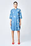 Buy_Shahin Mannan_Blue Denim Embroidered Fuzzy Butterfly Collared A-line Shirt Dress _at_Aza_Fashions