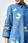 Shahin Mannan_Blue Denim Embroidered Fuzzy Butterfly Collared A-line Shirt Dress _at_Aza_Fashions