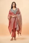 Buy_Divya Kanakia_Orange Pure Linen Tissue Embroidery Thread V Neck Resham Kaftan And Pant Set _at_Aza_Fashions