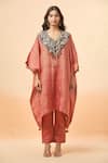 Shop_Divya Kanakia_Orange Pure Linen Tissue Embroidery Thread V Neck Resham Kaftan And Pant Set _Online_at_Aza_Fashions