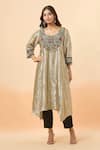 Buy_Divya Kanakia_Silver Pure Linen Tissue Embroidery Resham Round Yoke Kaftan And Pant Set _at_Aza_Fashions