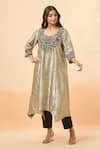 Divya Kanakia_Silver Pure Linen Tissue Embroidery Resham Round Yoke Kaftan And Pant Set _Online_at_Aza_Fashions