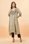 Buy_Divya Kanakia_Silver Pure Linen Tissue Embroidery Resham Round Yoke Kaftan And Pant Set _Online_at_Aza_Fashions