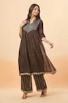 Buy_Divya Kanakia_Brown Pure Linen Tissue Woven Stripe Mandarin Collar Kurta And Flared Pant Set _at_Aza_Fashions