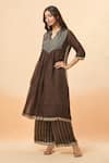 Buy_Divya Kanakia_Brown Pure Linen Tissue Woven Stripe Mandarin Collar Kurta And Flared Pant Set 