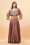 Buy_Divya Kanakia_Brown Pure Linen Tissue Embroidery Resham Round Crop Top And Lehenga Set _at_Aza_Fashions