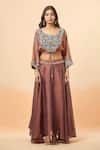 Divya Kanakia_Brown Pure Linen Tissue Embroidery Resham Round Crop Top And Lehenga Set _Online_at_Aza_Fashions