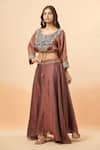 Buy_Divya Kanakia_Brown Pure Linen Tissue Embroidery Resham Round Crop Top And Lehenga Set _Online_at_Aza_Fashions