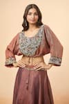 Shop_Divya Kanakia_Brown Pure Linen Tissue Embroidery Resham Round Crop Top And Lehenga Set _Online_at_Aza_Fashions