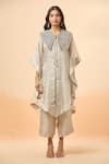 Divya Kanakia_Silver Pure Linen Tissue Embroidery Zardozi V Neck Asymmetric Kaftan And Pant Set _at_Aza_Fashions