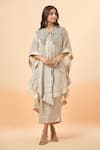 Shop_Divya Kanakia_Silver Pure Linen Tissue Embroidery Zardozi V Neck Asymmetric Kaftan And Pant Set 