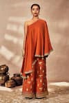 Buy_Masaba_Red Raw Silk Embroidered Thread One-shoulder Potters Touch Tunic And Pant Set _at_Aza_Fashions