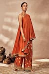 Buy_Masaba_Red Raw Silk Embroidered Thread One-shoulder Potters Touch Tunic And Pant Set _Online_at_Aza_Fashions