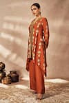 Masaba_Red Raw Silk Printed Palm V Neck Travellers Foil Tunic And Pant Set _at_Aza_Fashions