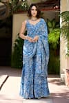 Buy_BAARO MASI_Blue Muslin Print Floral Paan Neck Alisha Pre-draped Sharara Saree With Blouse _at_Aza_Fashions