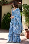 BAARO MASI_Blue Muslin Print Floral Paan Neck Alisha Pre-draped Sharara Saree With Blouse _Online_at_Aza_Fashions