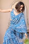 Shop_BAARO MASI_Blue Muslin Print Floral Paan Neck Alisha Pre-draped Sharara Saree With Blouse _Online_at_Aza_Fashions