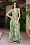 Buy_BAARO MASI_Green Crepe Shimmer Print Floral Halter Neck Ruby Dress _at_Aza_Fashions