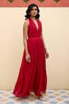 BAARO MASI_Red Georgette Plain Halter Neck Natasha Maxi Dress _Online_at_Aza_Fashions