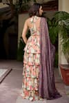 Shop_BAARO MASI_Multi Color Crepe Shimmer Print Floral Halter Neck Soniya Layered Lehenga Set _at_Aza_Fashions